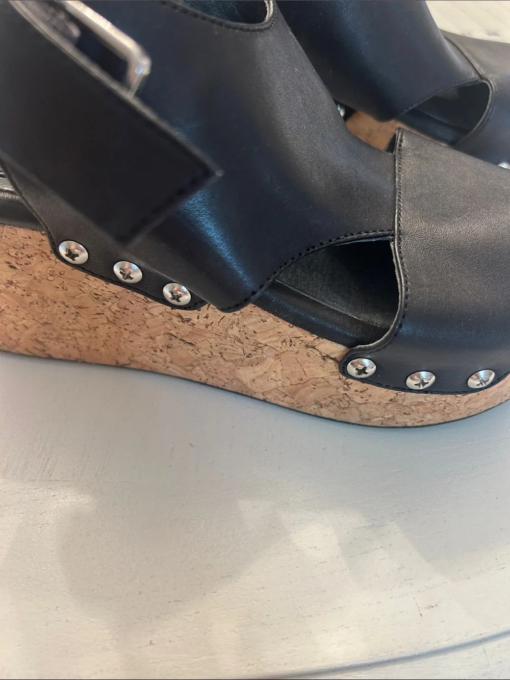 bussola Black Leather Cork Wedge Sandals